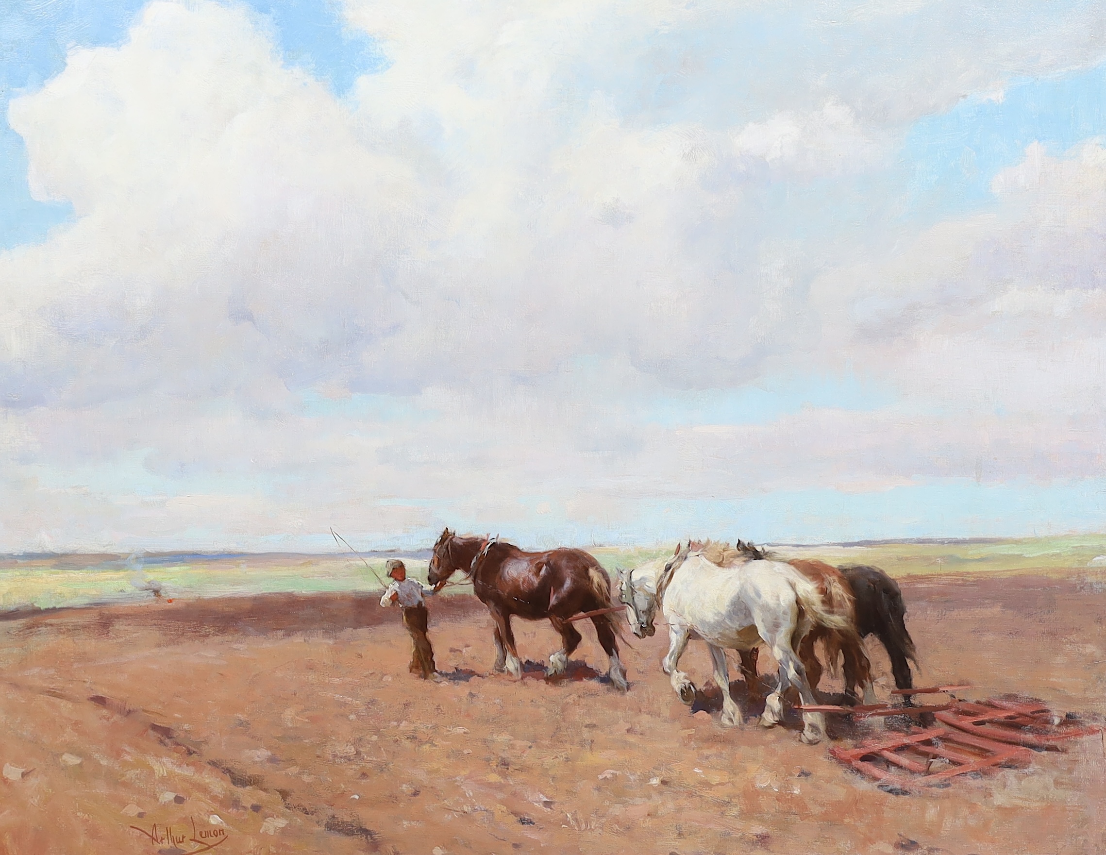 Arthur Lemon (British, 1850-1912), 'Harrowing the field', oil on canvas, 70 x 91cm